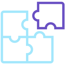 Icon showing three light blue puzzle pieces together, with purple piece being placed in the corner