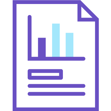 Purple icon of a paper report with a bar graph, illustrating data