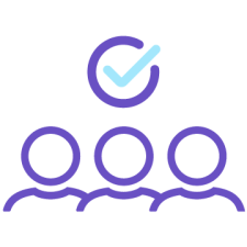 Purple icon showing three people with a light blue check mark above them